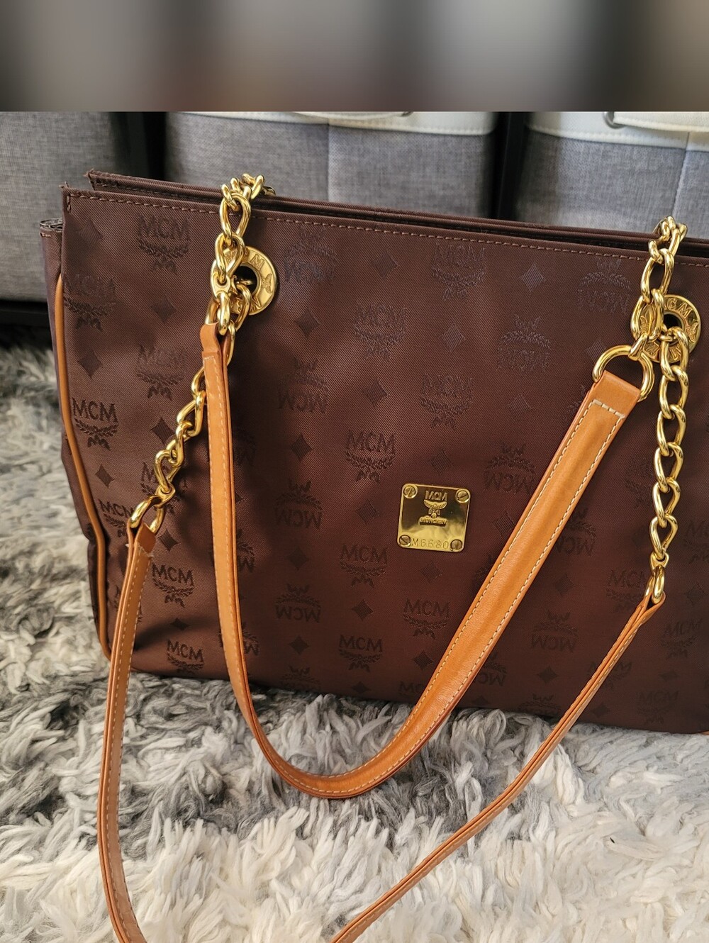 MCM Brown Monogram Tote with Tan Leather Straps